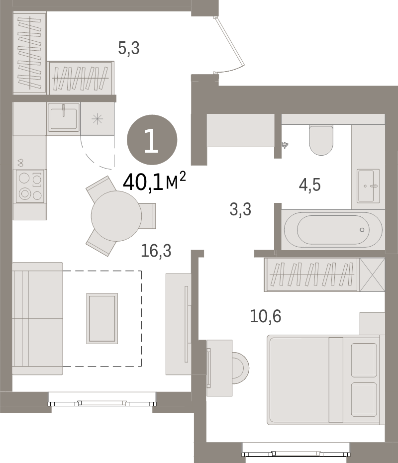 2-комнатная (Евро) квартира, 40.1 м² в ЖК "Брусника в Новоселье" - планировка, фото №1