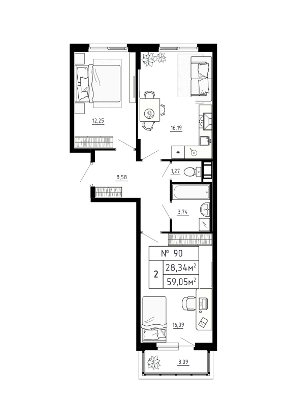 3-комнатная (Евро) квартира, 59.05 м² - планировка, фото №1