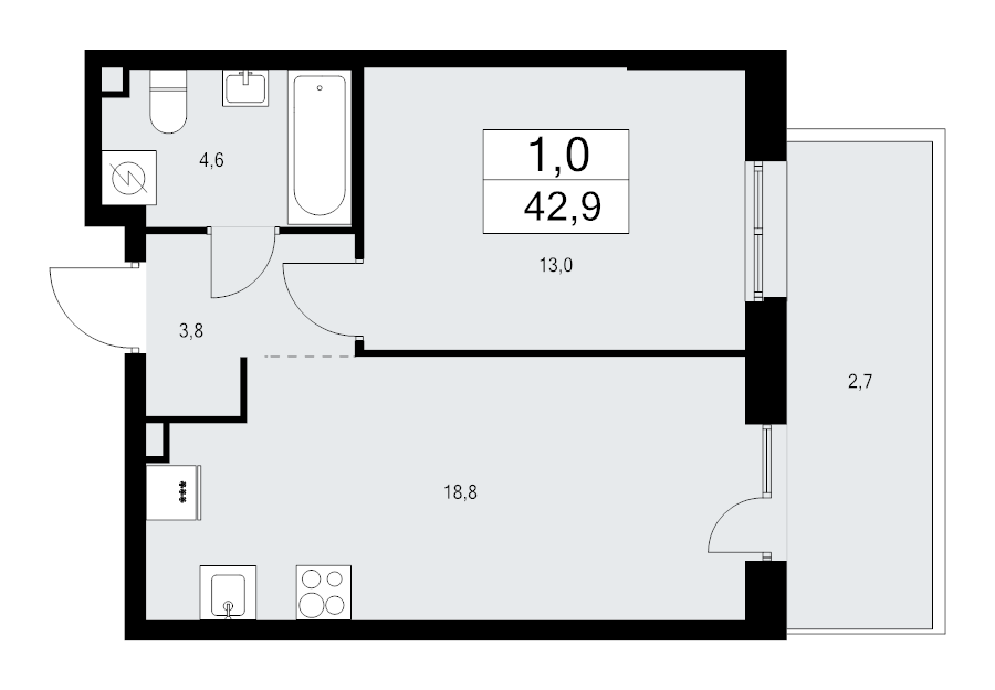 2-комнатная (Евро) квартира, 42.9 м² - планировка, фото №1