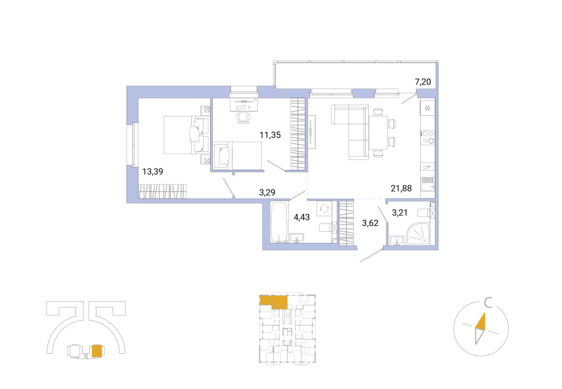3-комнатная (Евро) квартира, 63.33 м² - планировка, фото №1