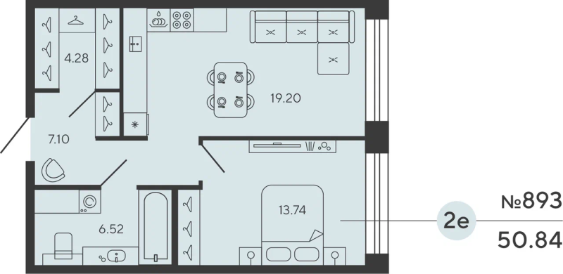 2-комнатная (Евро) квартира, 50.84 м² - планировка, фото №1