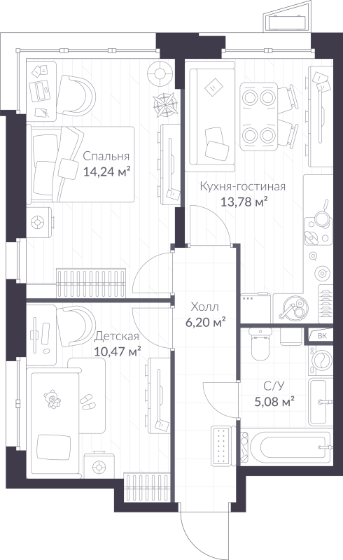 2-комнатная квартира, 49.77 м² - планировка, фото №1