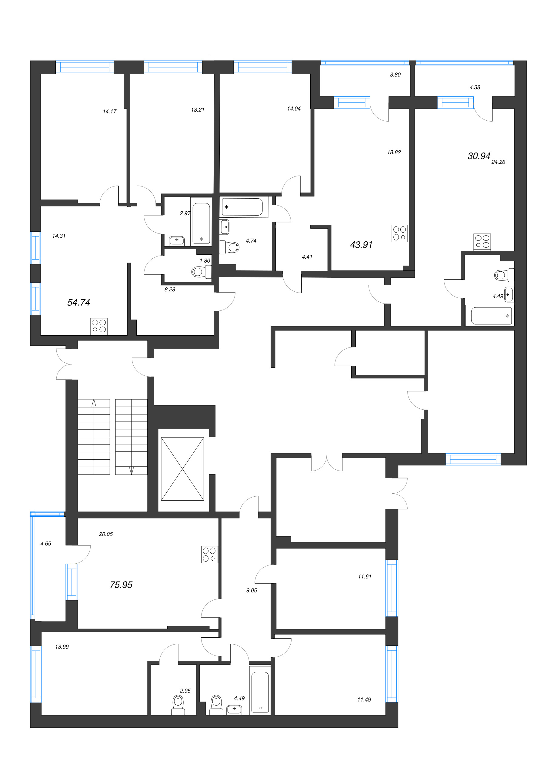 4-комнатная (Евро) квартира, 75.95 м² в ЖК "Охтинские высоты" - планировка этажа