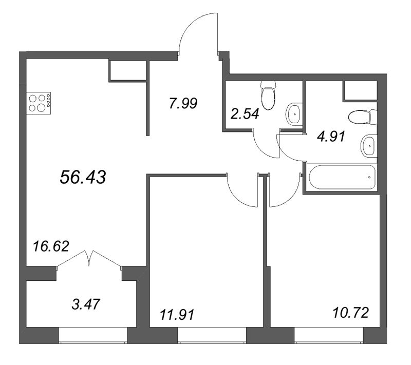 3-комнатная (Евро) квартира, 56.43 м² в ЖК "Речной квартал" - планировка, фото №1