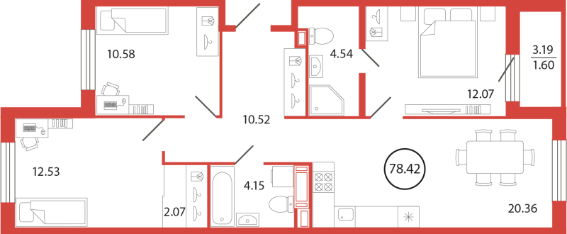 4-комнатная (Евро) квартира, 78.42 м² в ЖК "Энфилд" - планировка, фото №1