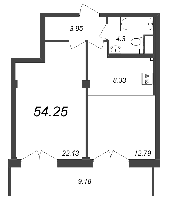 2-комнатная (Евро) квартира, 54.9 м² в ЖК "Нева Резиденс" - планировка, фото №1