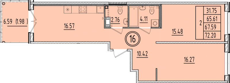 3-комнатная (Евро) квартира, 65.61 м² в ЖК "Образцовый квартал 6.4" - планировка, фото №1