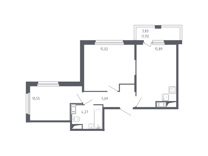 3-комнатная (Евро) квартира, 52.57 м² - планировка, фото №1