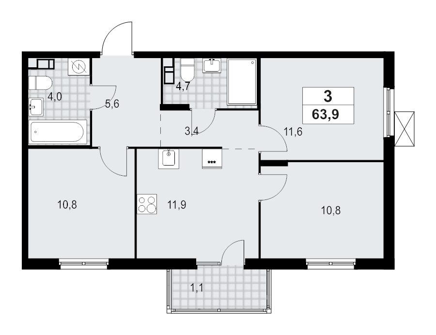 3-комнатная квартира, 63.88 м² - планировка, фото №1
