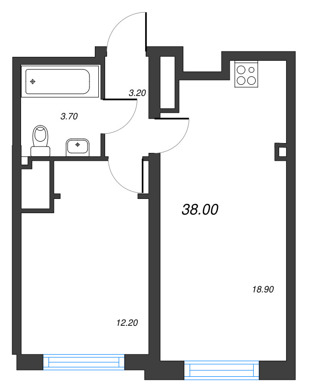 2-комнатная (Евро) квартира, 38 м² - планировка, фото №1