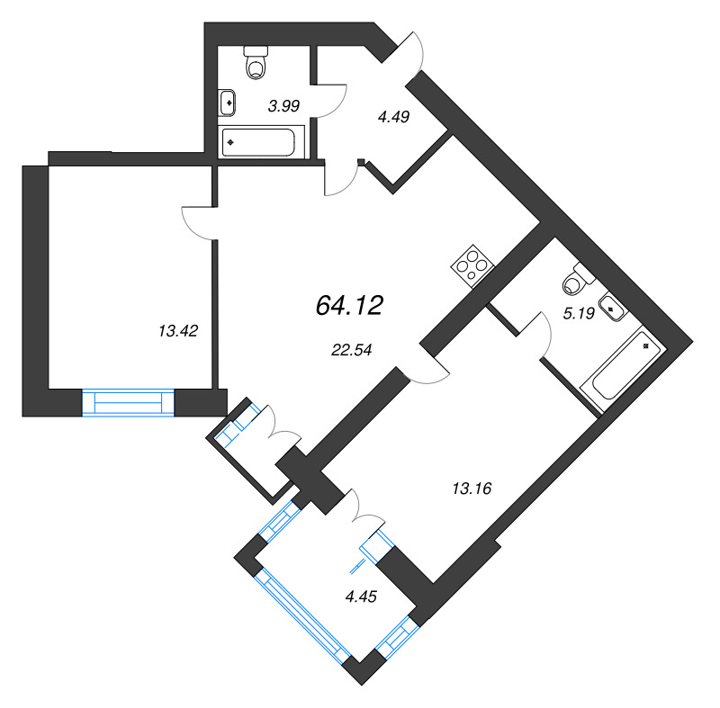 2-комнатная квартира, 64 м² - планировка, фото №1
