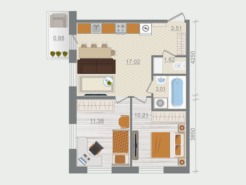 3-комнатная (Евро) квартира, 47.31 м² в ЖК "Эко Квартал Гармония" - планировка, фото №1