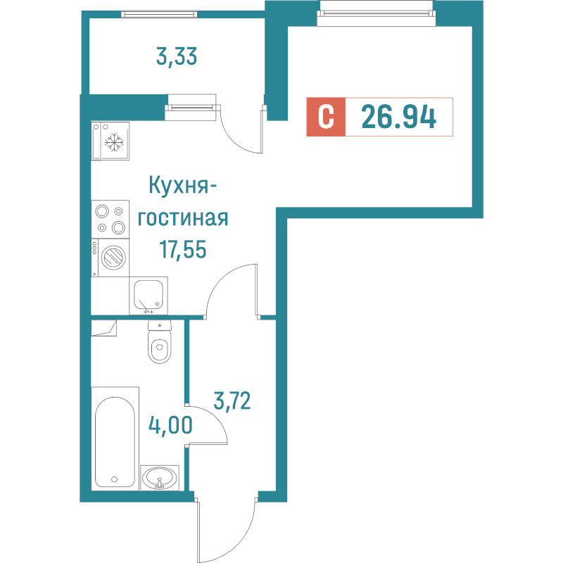 Квартира-студия, 26.94 м² в ЖК "Графика" - планировка, фото №1