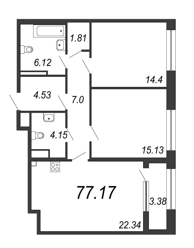 3-комнатная (Евро) квартира, 77.17 м² - планировка, фото №1