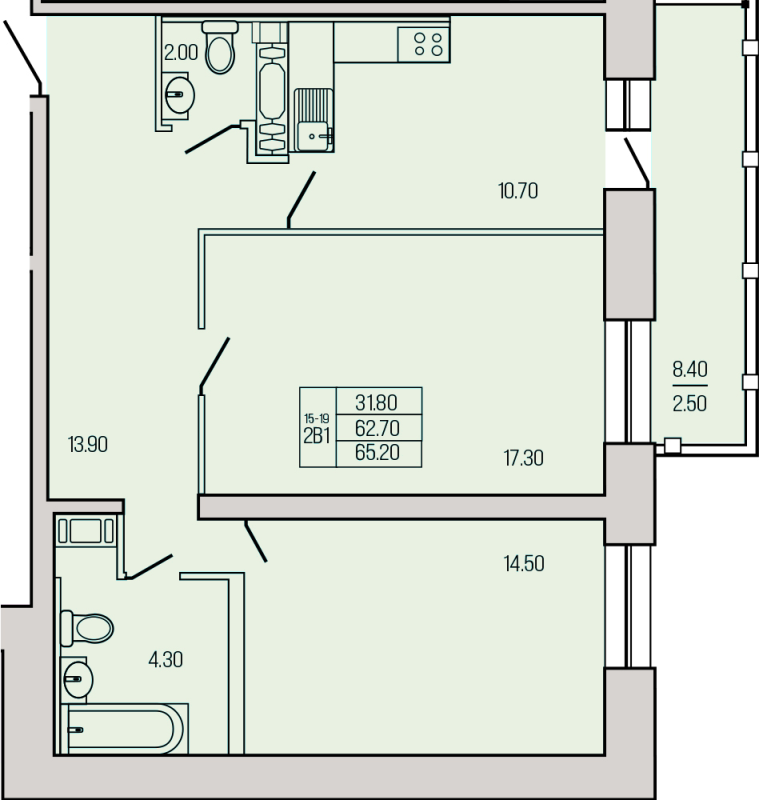 2-комнатная квартира, 67.1 м² в ЖК "Экос" - планировка, фото №1