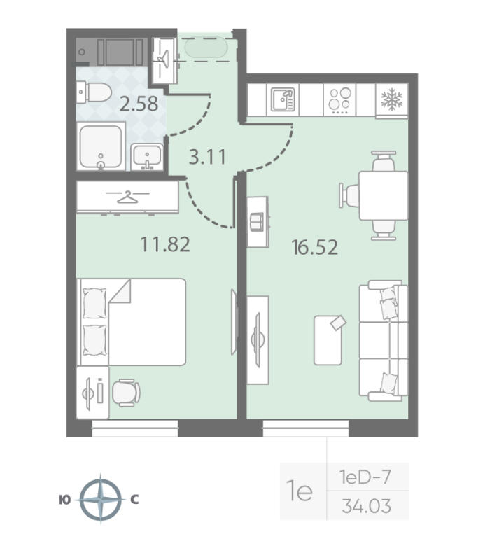 2-комнатная (Евро) квартира, 34.03 м² в ЖК "Морская миля" - планировка, фото №1