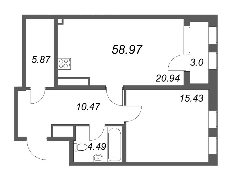 1-комнатная квартира, 58.4 м² в ЖК "Дефанс Премиум" - планировка, фото №1