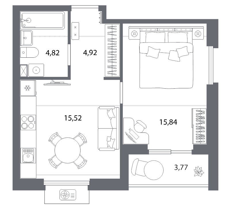 2-комнатная (Евро) квартира, 49.2 м² в ЖК "Респект" - планировка, фото №1