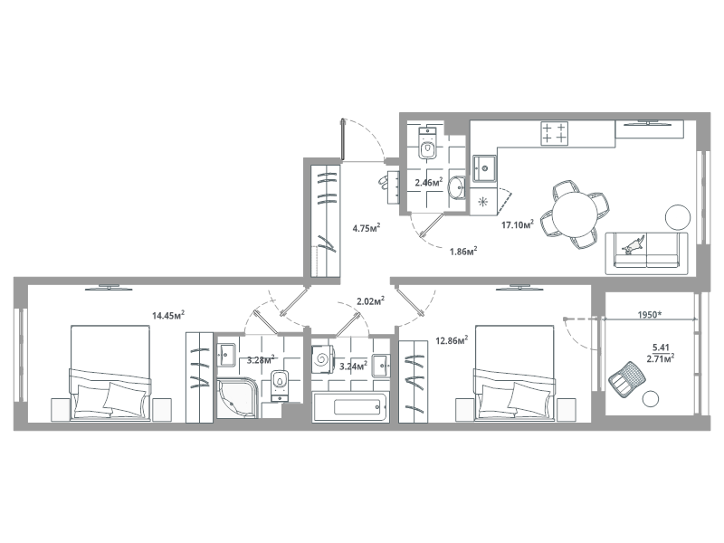 3-комнатная (Евро) квартира, 64.73 м² в ЖК "ЛесАрт" - планировка, фото №1