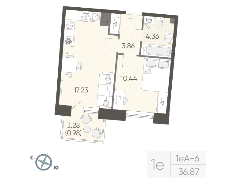 2-комнатная (Евро) квартира, 36.87 м² в ЖК "Бульвар Грина" - планировка, фото №1