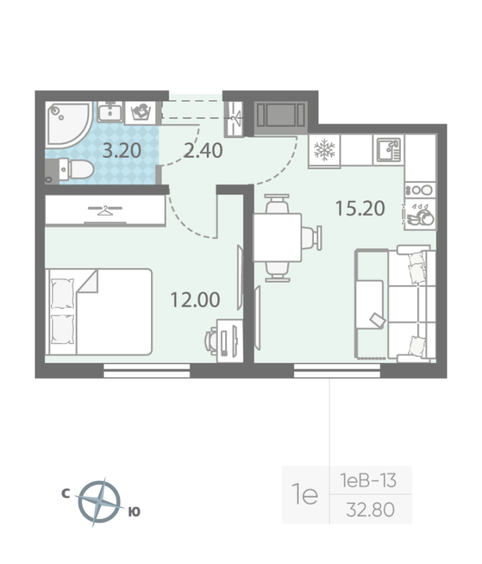 2-комнатная (Евро) квартира, 32.8 м² - планировка, фото №1