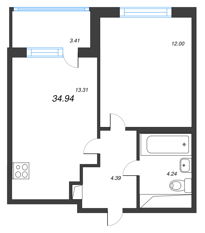 1-комнатная квартира, 33.94 м² в ЖК "ЮгТаун" - планировка, фото №1