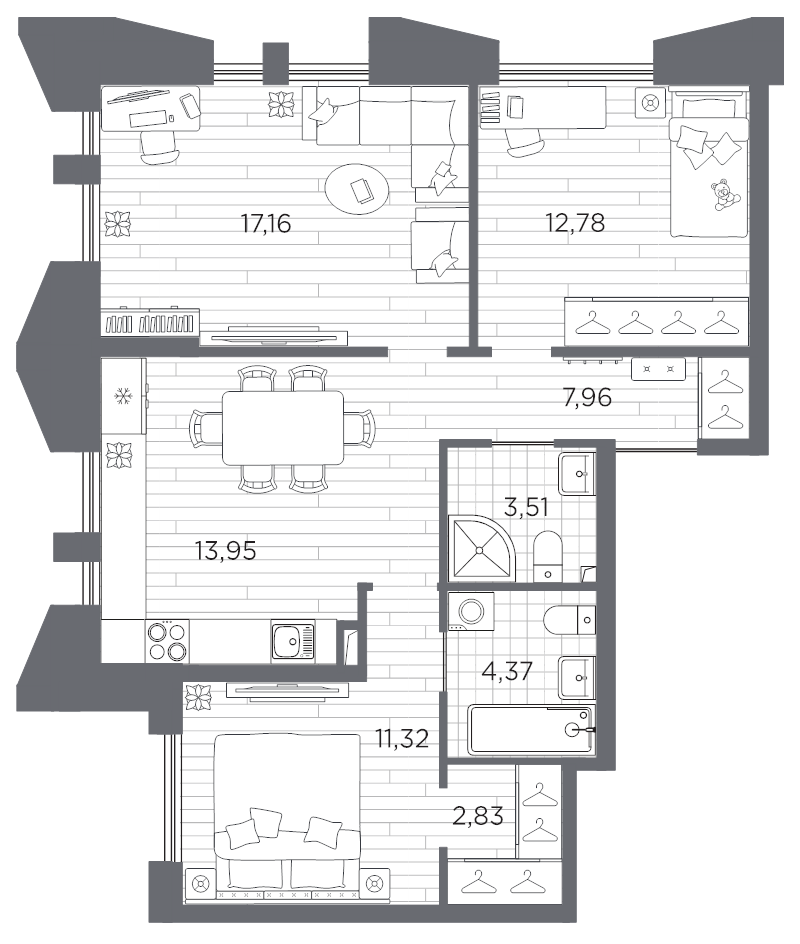 3-комнатная квартира, 73.88 м² в ЖК "Галерная гавань" - планировка, фото №1