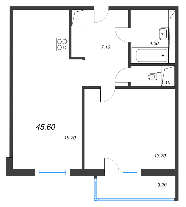 2-комнатная (Евро) квартира, 45.6 м² в ЖК "Руднева 15" - планировка, фото №1