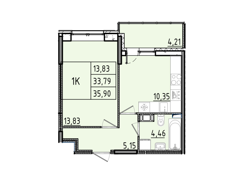 1-комнатная квартира, 35.9 м² - планировка, фото №1