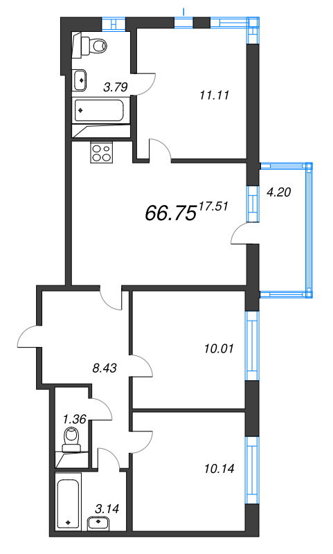 4-комнатная (Евро) квартира, 66.75 м² - планировка, фото №1
