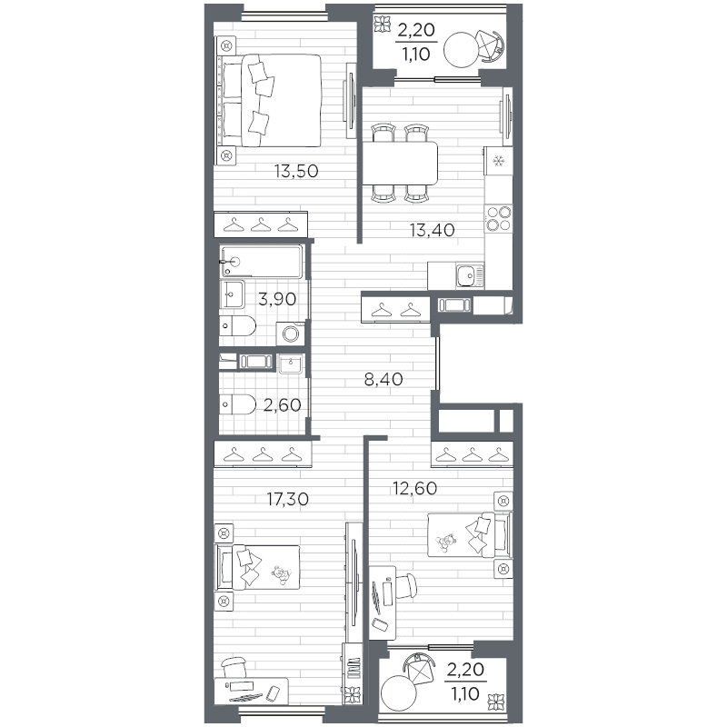 3-комнатная квартира, 73.9 м² в ЖК "Плюс Пулковский" - планировка, фото №1