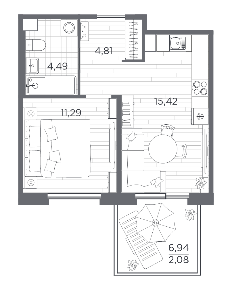 2-комнатная (Евро) квартира, 38.09 м² в ЖК "PLUS Пулковский" - планировка, фото №1