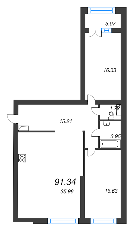 3-комнатная (Евро) квартира, 96.4 м² - планировка, фото №1
