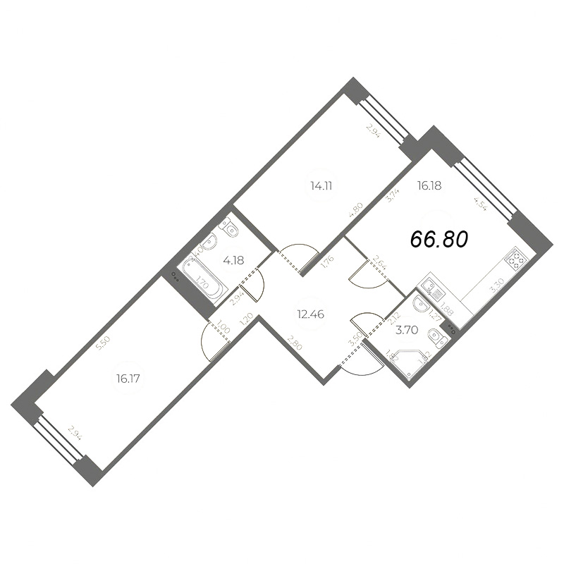 3-комнатная (Евро) квартира, 66.8 м² в ЖК "Огни Залива" - планировка, фото №1