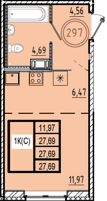 Квартира-студия, 27.69 м² в ЖК "Образцовый квартал 9.1" - планировка, фото №1