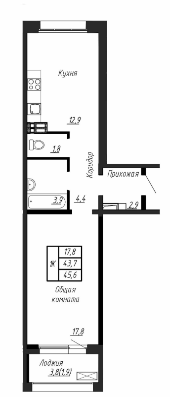 1-комнатная квартира, 45.6 м² в ЖК "Сибирь" - планировка, фото №1