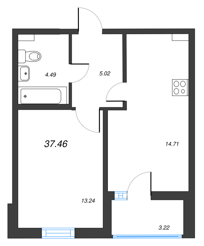 1-комнатная квартира, 37.46 м² в ЖК "ПАТИО. Уютный квартал" - планировка, фото №1