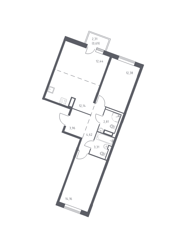 3-комнатная (Евро) квартира, 66.51 м² в ЖК "Квартал Лаголово" - планировка, фото №1