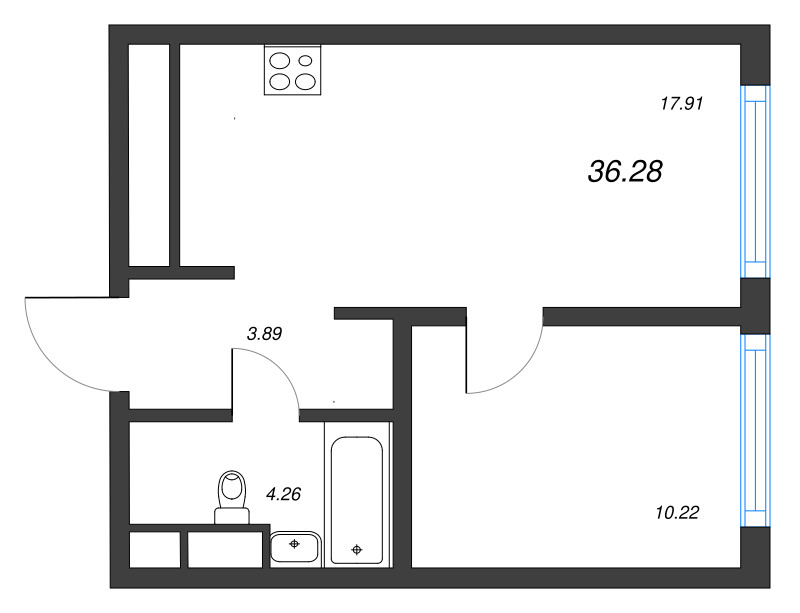 2-комнатная (Евро) квартира, 36.28 м² - планировка, фото №1