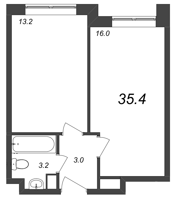 2-комнатная (Евро) квартира, 35.66 м² - планировка, фото №1