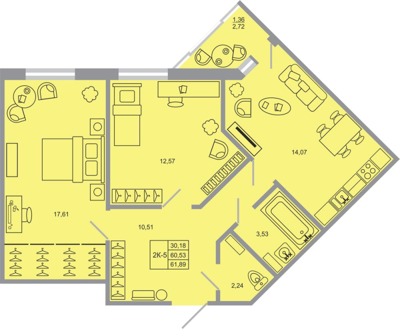 2-комнатная квартира, 61.89 м² в ЖК "Стороны света-2" - планировка, фото №1