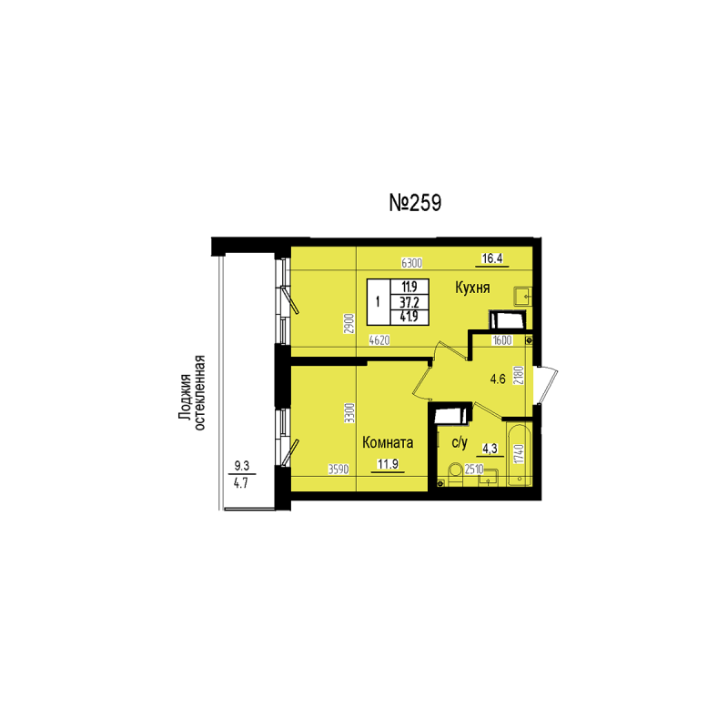 2-комнатная (Евро) квартира, 41.9 м² в ЖК "ПРАГМА СИТИ" - планировка, фото №1