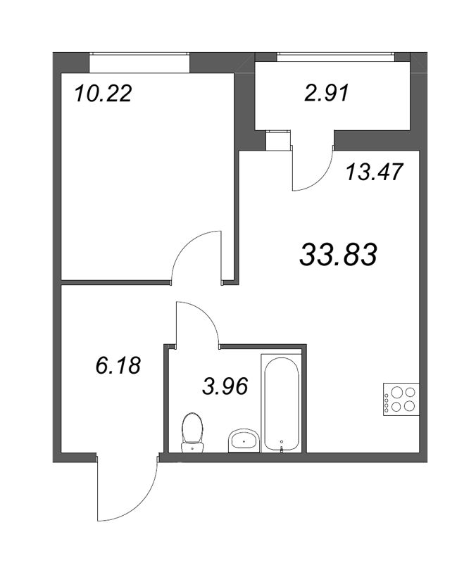 2-комнатная (Евро) квартира, 33.83 м² в ЖК "Мурино Space" - планировка, фото №1