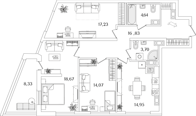 3-комнатная квартира, 94.26 м² в ЖК "Лайнеръ" - планировка, фото №1