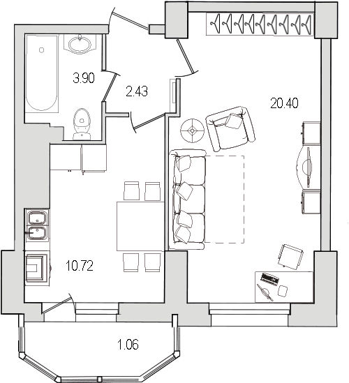 1-комнатная квартира, 41 м² в ЖК "Шекспир" - планировка, фото №1
