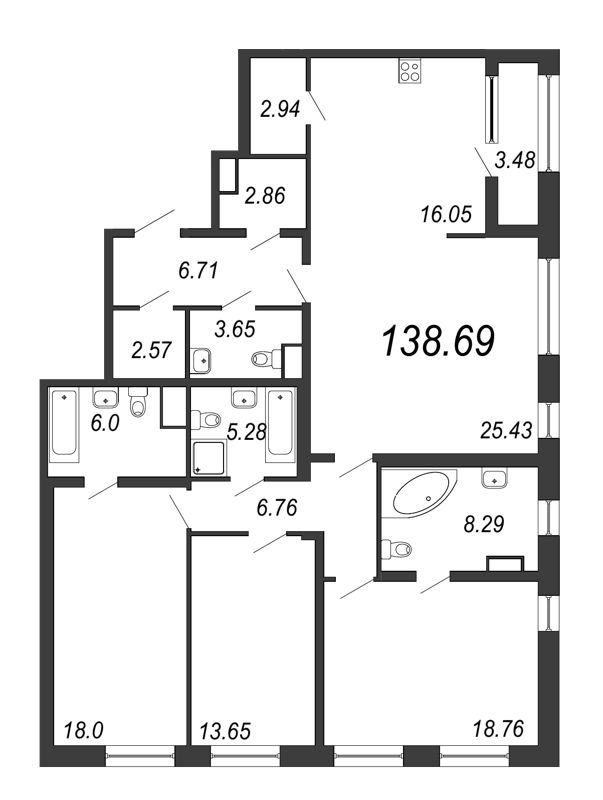 4-комнатная квартира, 138.69 м² в ЖК "Дефанс Премиум" - планировка, фото №1