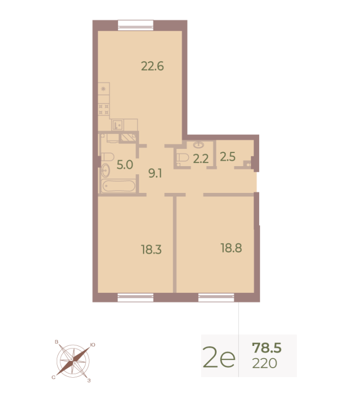 3-комнатная (Евро) квартира, 78.8 м² - планировка, фото №1