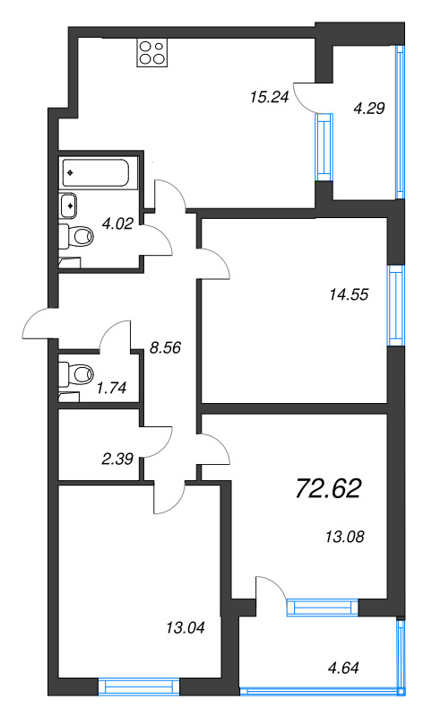 4-комнатная (Евро) квартира, 72.62 м² в ЖК "Любоград" - планировка, фото №1