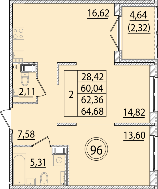 3-комнатная (Евро) квартира, 60.04 м² в ЖК "Образцовый квартал 15" - планировка, фото №1