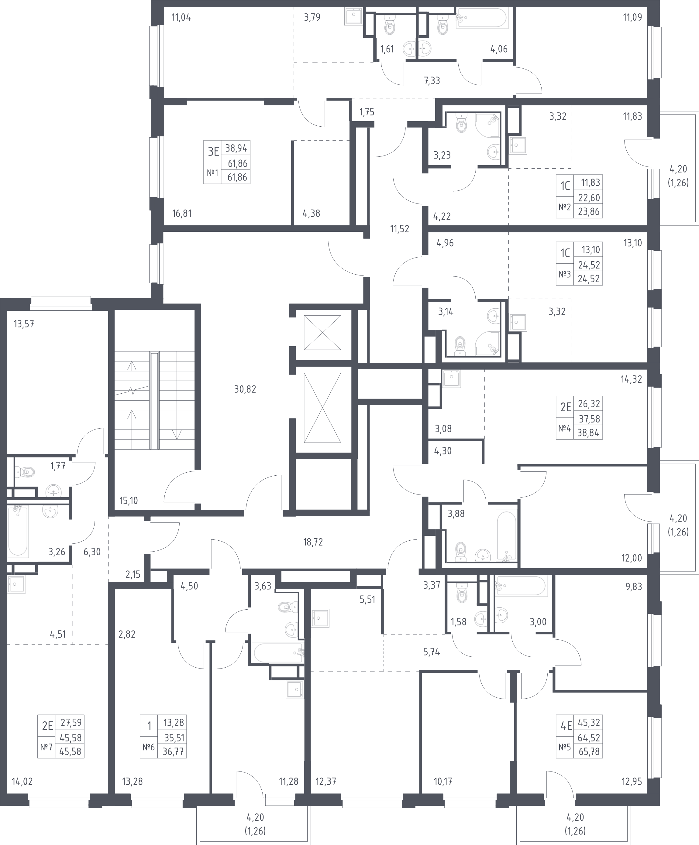 4-комнатная (Евро) квартира, 65.78 м² - планировка этажа